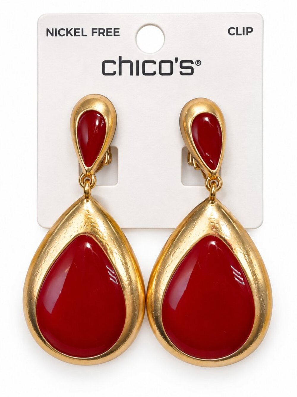Chico’s NWT Red & Gold Teardrop Clip-On Earrings Nickel Free